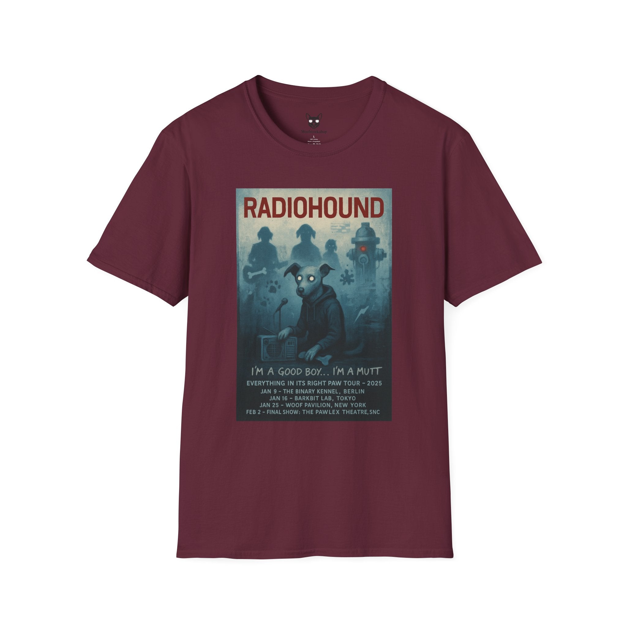 Radiohead Concert Poster Dog Parody Unisex Softstyle T-Shirt -- Funny Rock Tee for Music and Dog Lovers